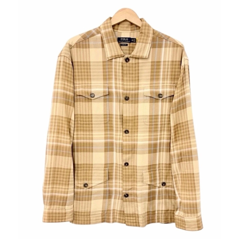 Polo Ralph Lauren Flannel Utility Overshirt Chore Jacket Men XXL Plaid Beige Tan